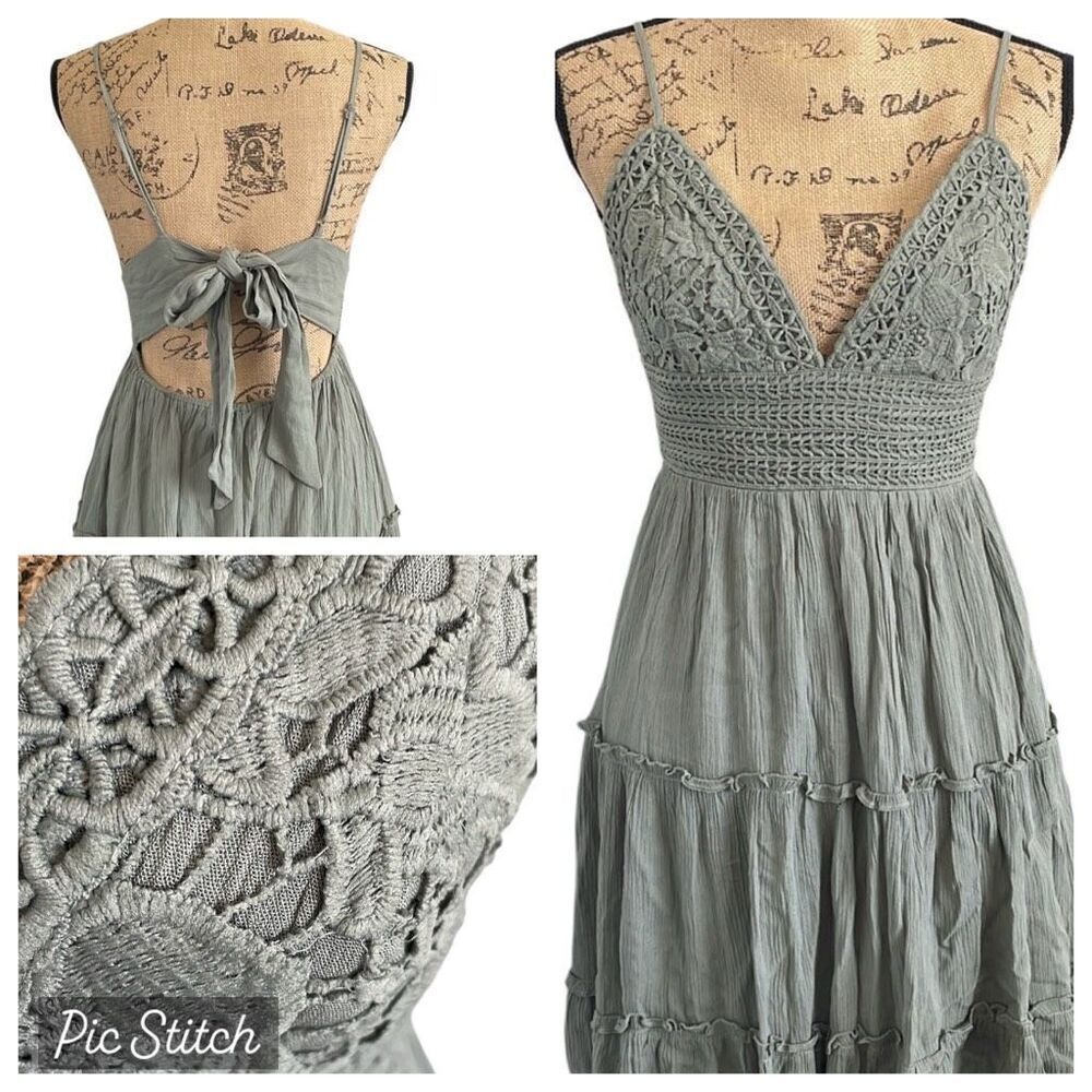 EUC Illa Illa Sage Green Spaghetti Strap Tiered Backless Crochet Sundress - Medi